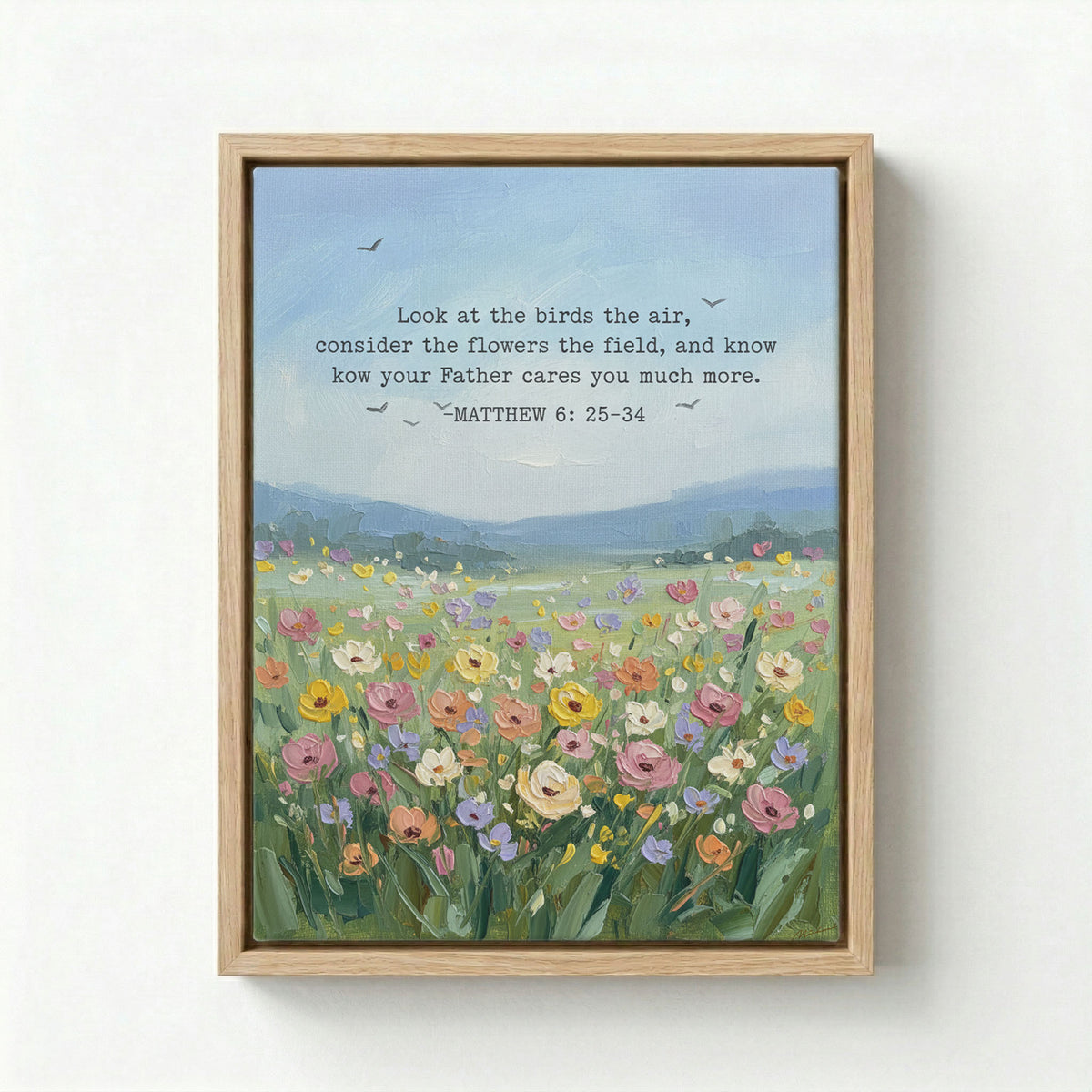 Canvas in natural wood floating frame with Matthew 6:26 verse and summer wildflower field