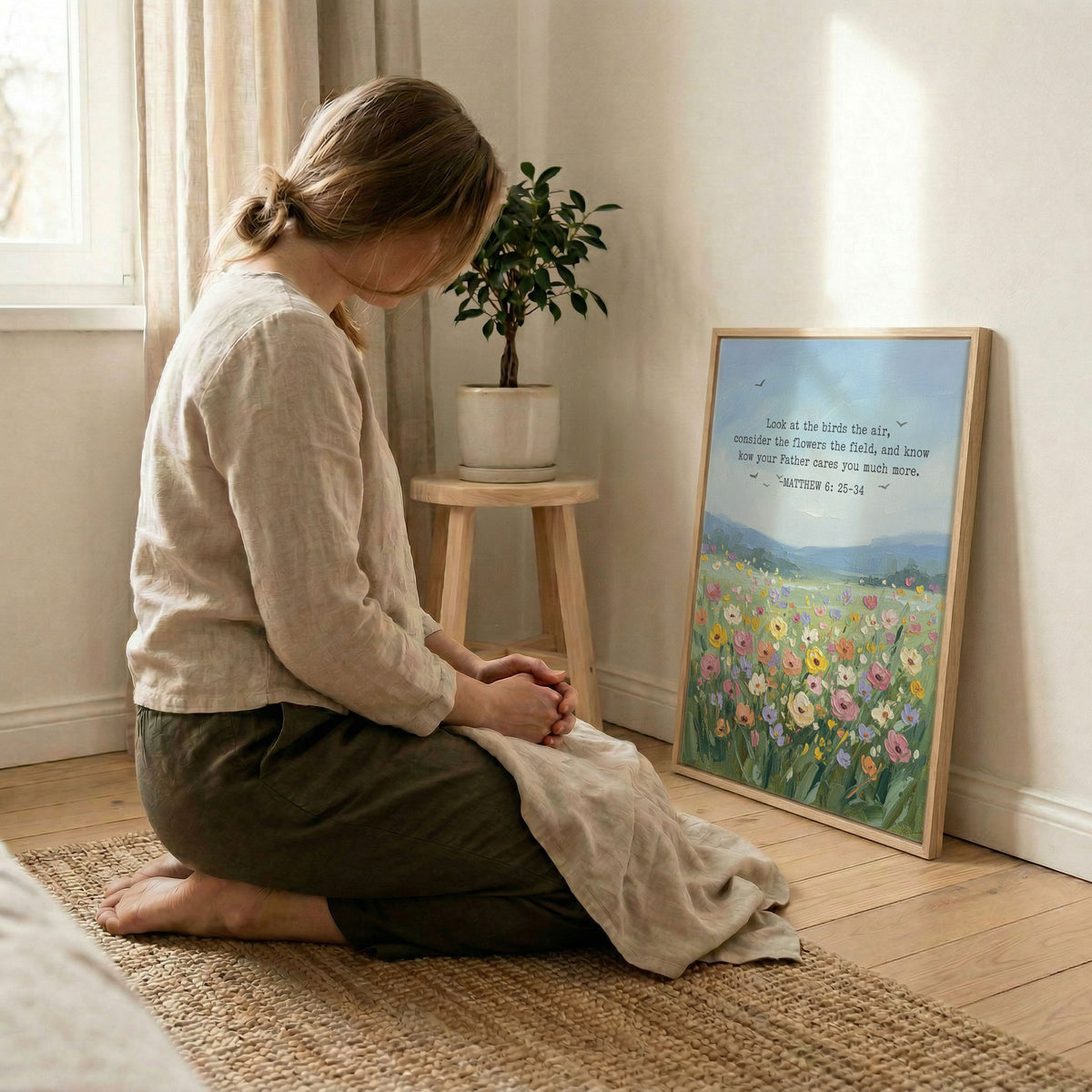 Woman kneeling in prayer beside Matthew 6:26 scripture art in wood frame with soft light