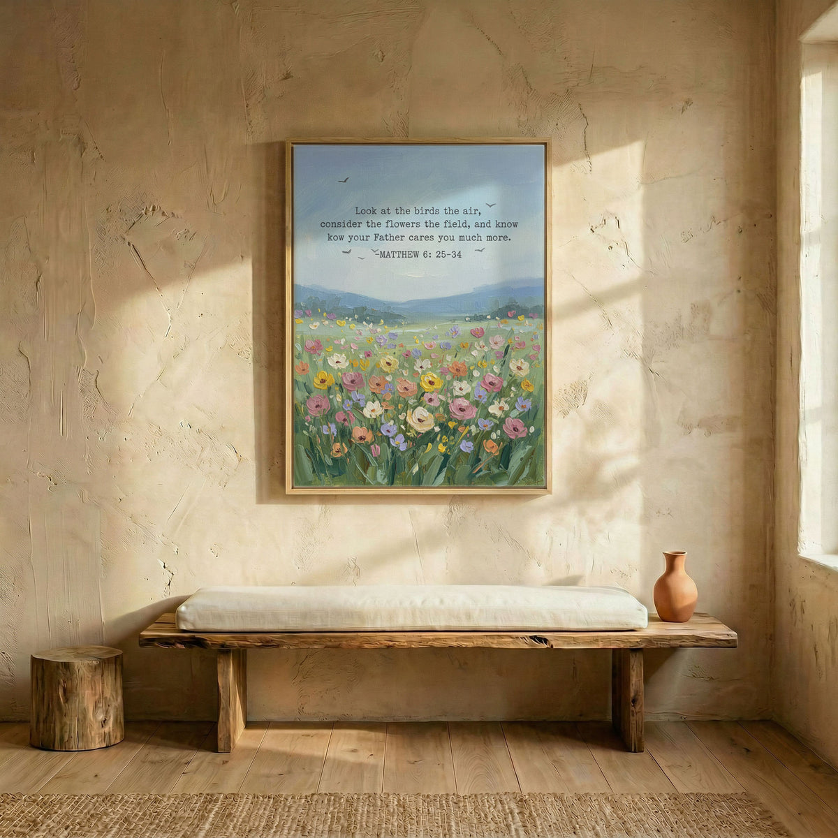 Bible verse oil painting canvas in wood frame above rustic wooden bench in sunlit entryway