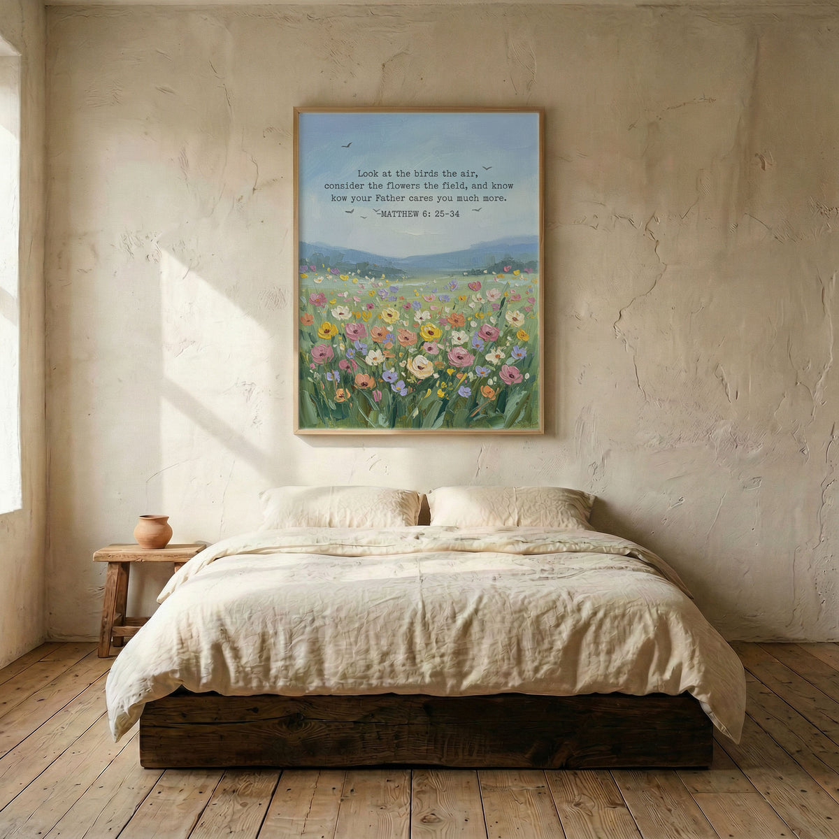 Scripture meadow landscape canvas in wood frame mounted above platform bed in serene bedroom