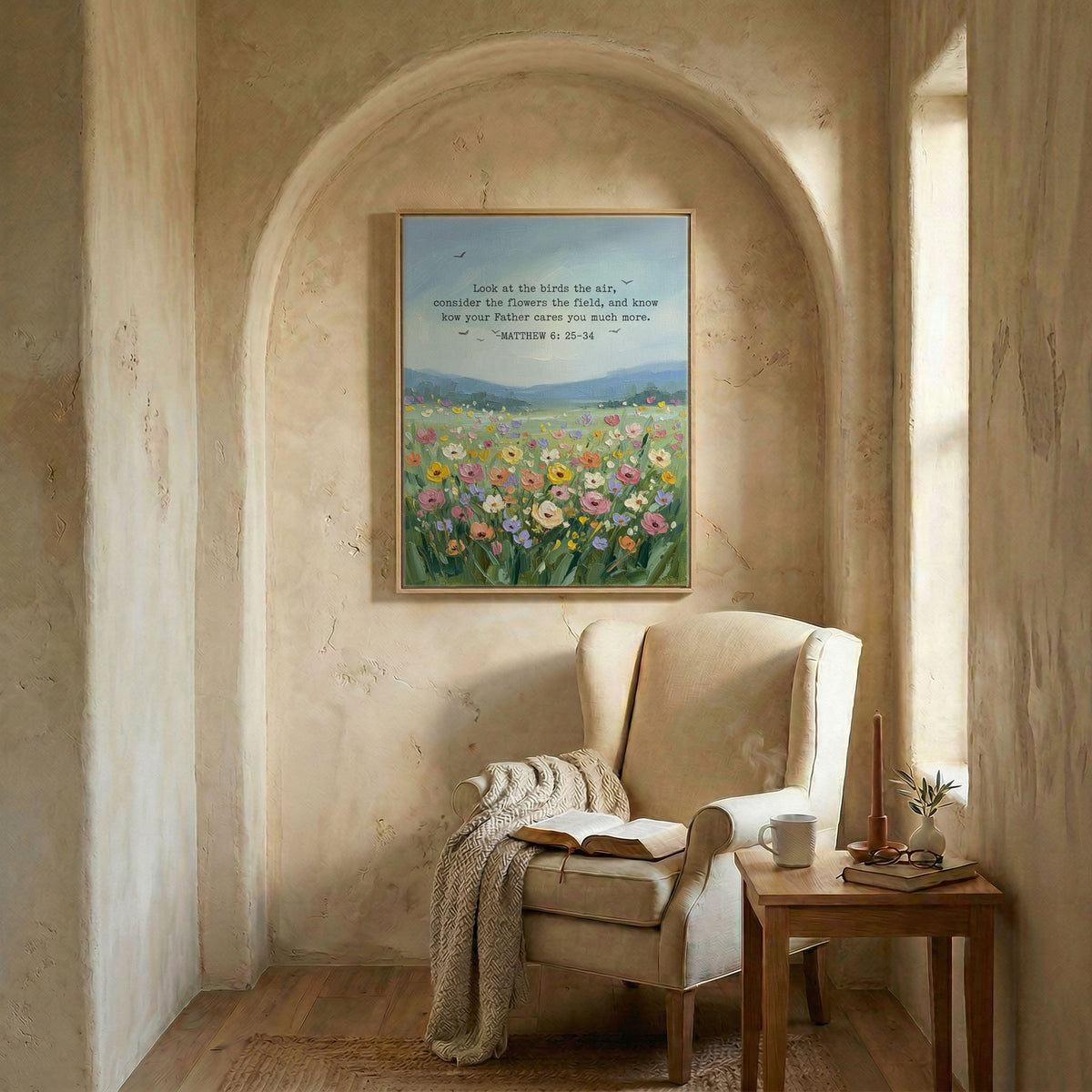 Matthew 6:26 art in wood frame in arched alcove above wingback chair with open Bible