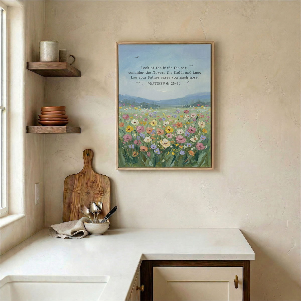 Wildflower field canvas in wood frame on kitchen wall in warm neutral farmhouse interior