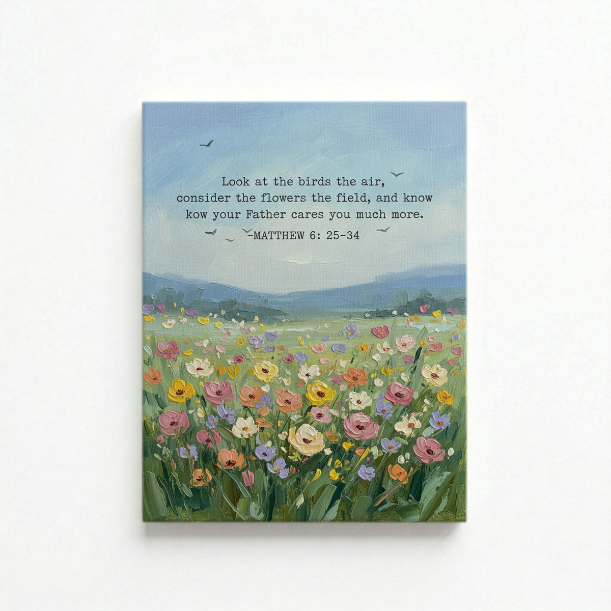 Vertical canvas of Matthew 6:26 wildflower field scene on a white background