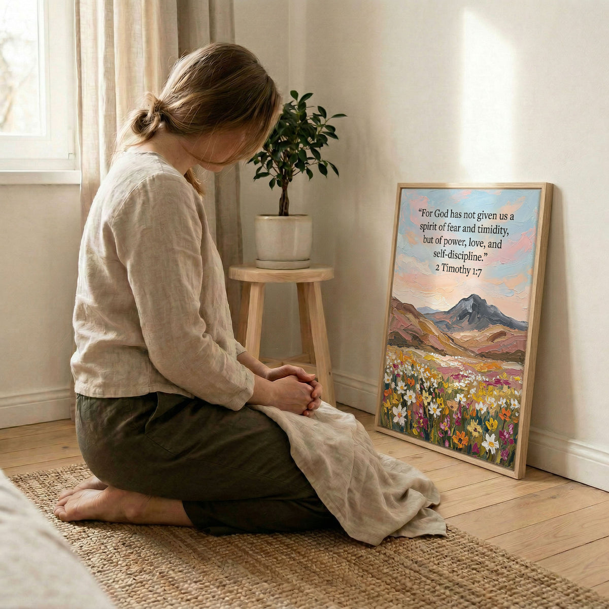 Woman kneeling in prayer beside 2 Timothy 1:7 scripture art in wood frame with soft light