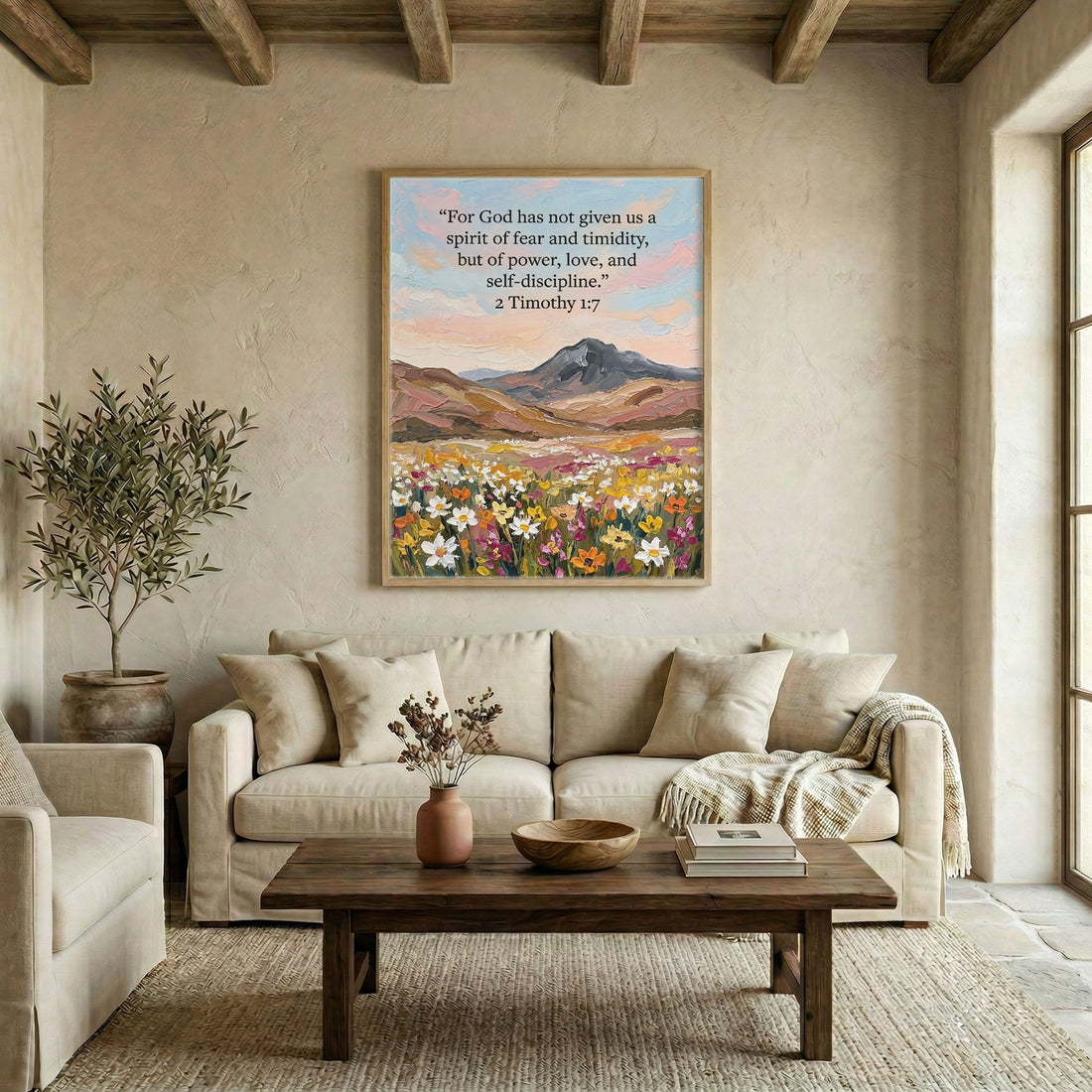 Canvas in natural wood floating frame with 2 Timothy 1:7 verse and mountain wildflowers