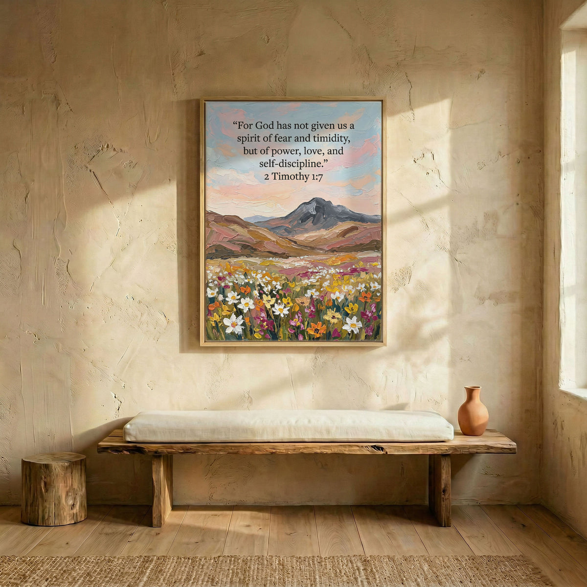 Bible verse oil painting canvas in wood frame above rustic wooden bench in sunlit entryway