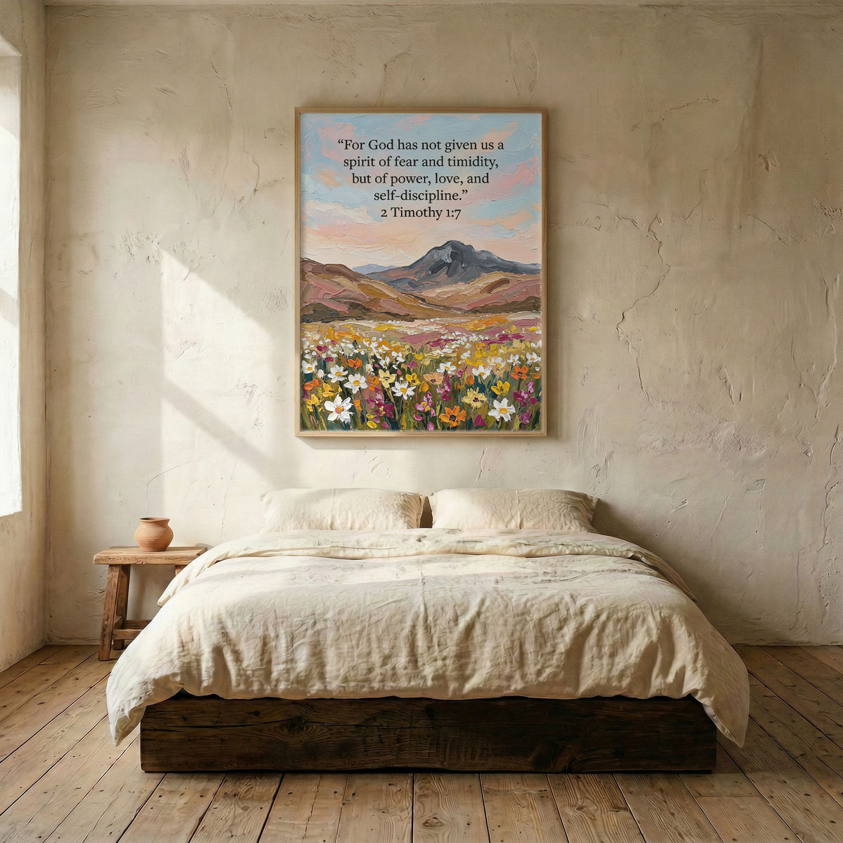Scripture mountain landscape canvas in wood frame mounted above platform bed in serene bedroom
