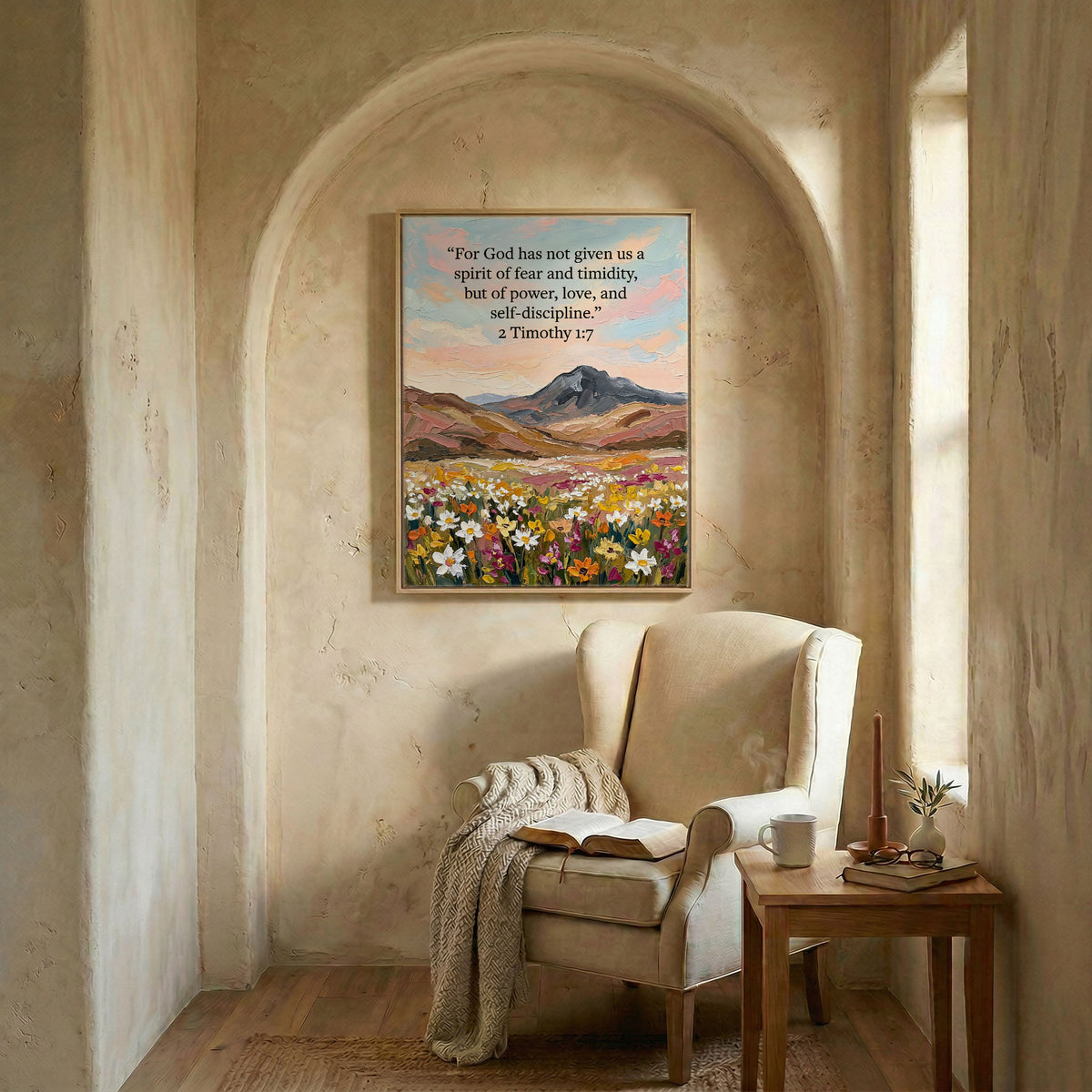 2 Timothy 1:7 art in wood frame in arched alcove above wingback chair with open Bible