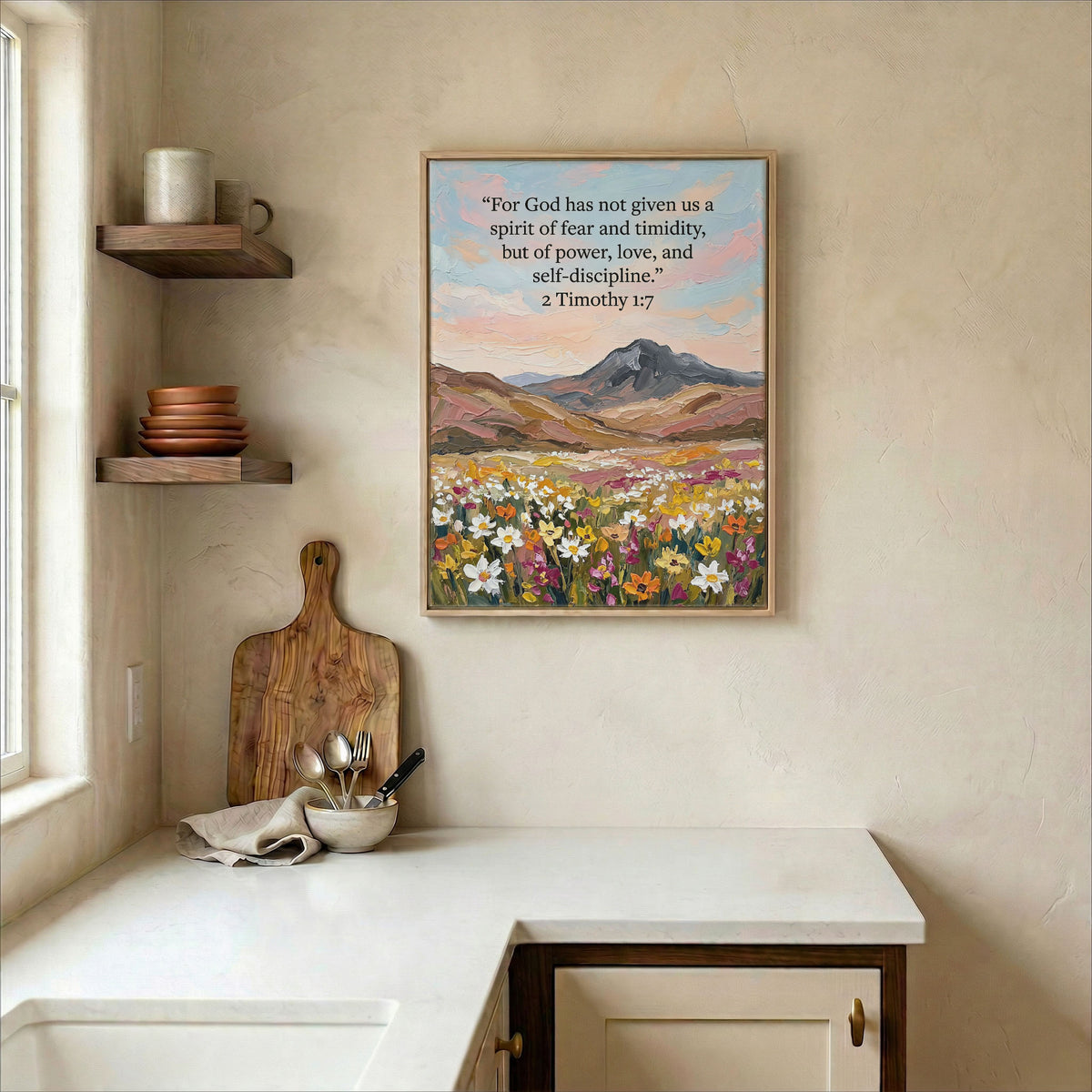 Mountain wildflower canvas in wood frame on kitchen wall in warm neutral farmhouse interior