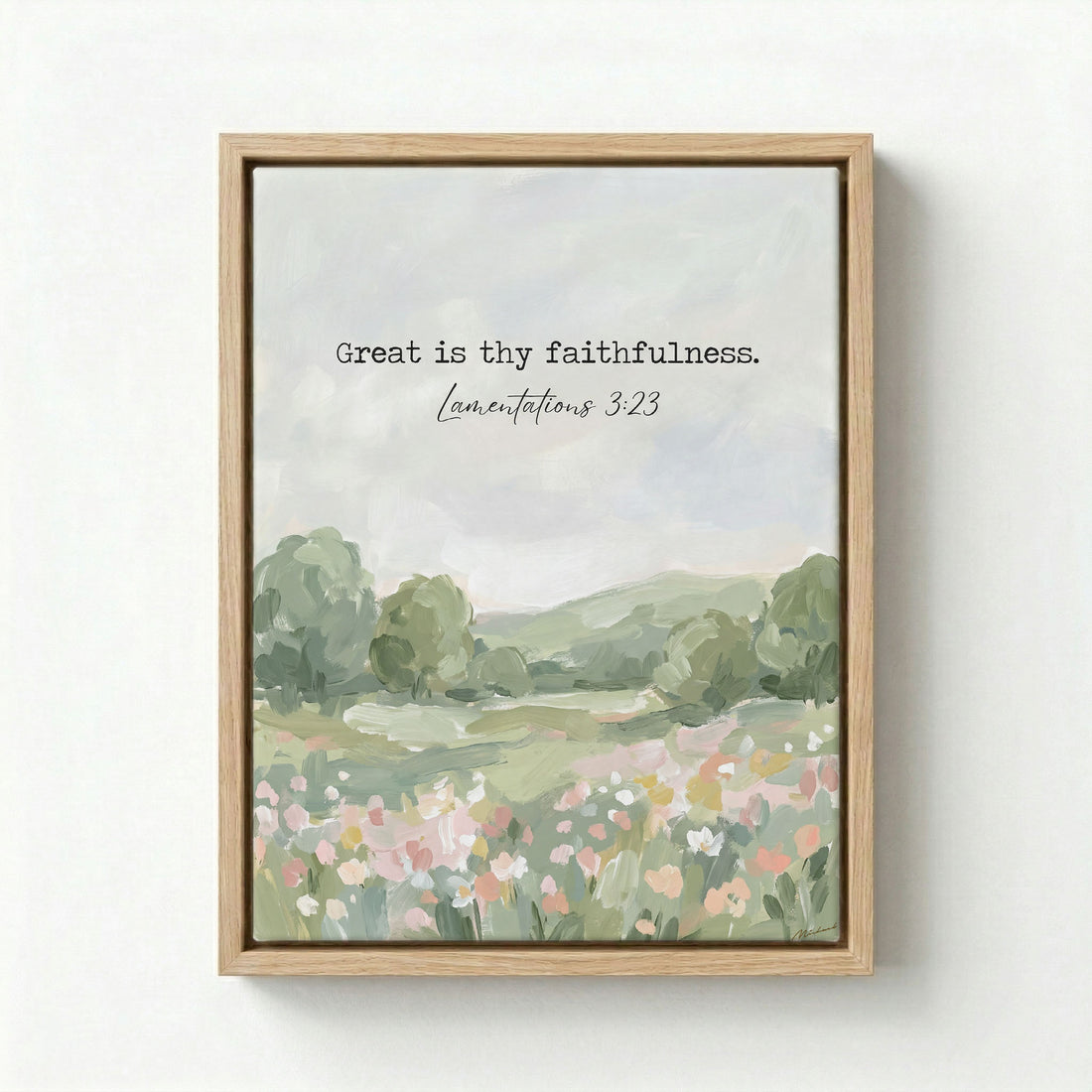 Canvas in natural wood floating frame with Great Is Thy Faithfulness verse and green meadow