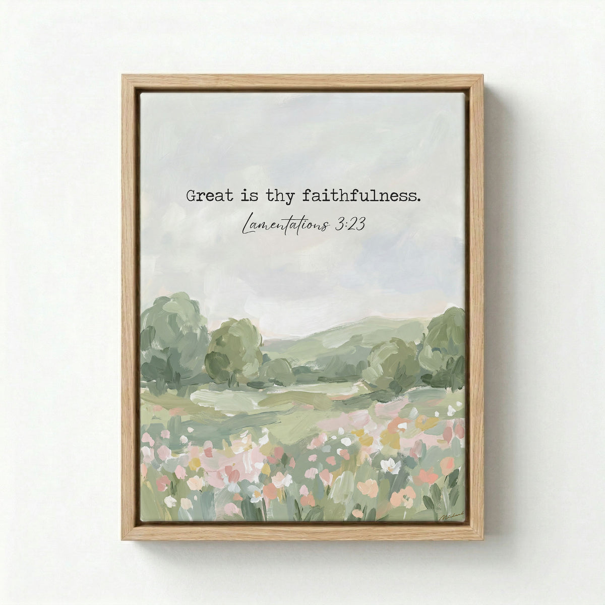 Canvas in natural wood floating frame with Great Is Thy Faithfulness verse and green meadow