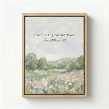 Canvas in natural wood floating frame with Great Is Thy Faithfulness verse and green meadow