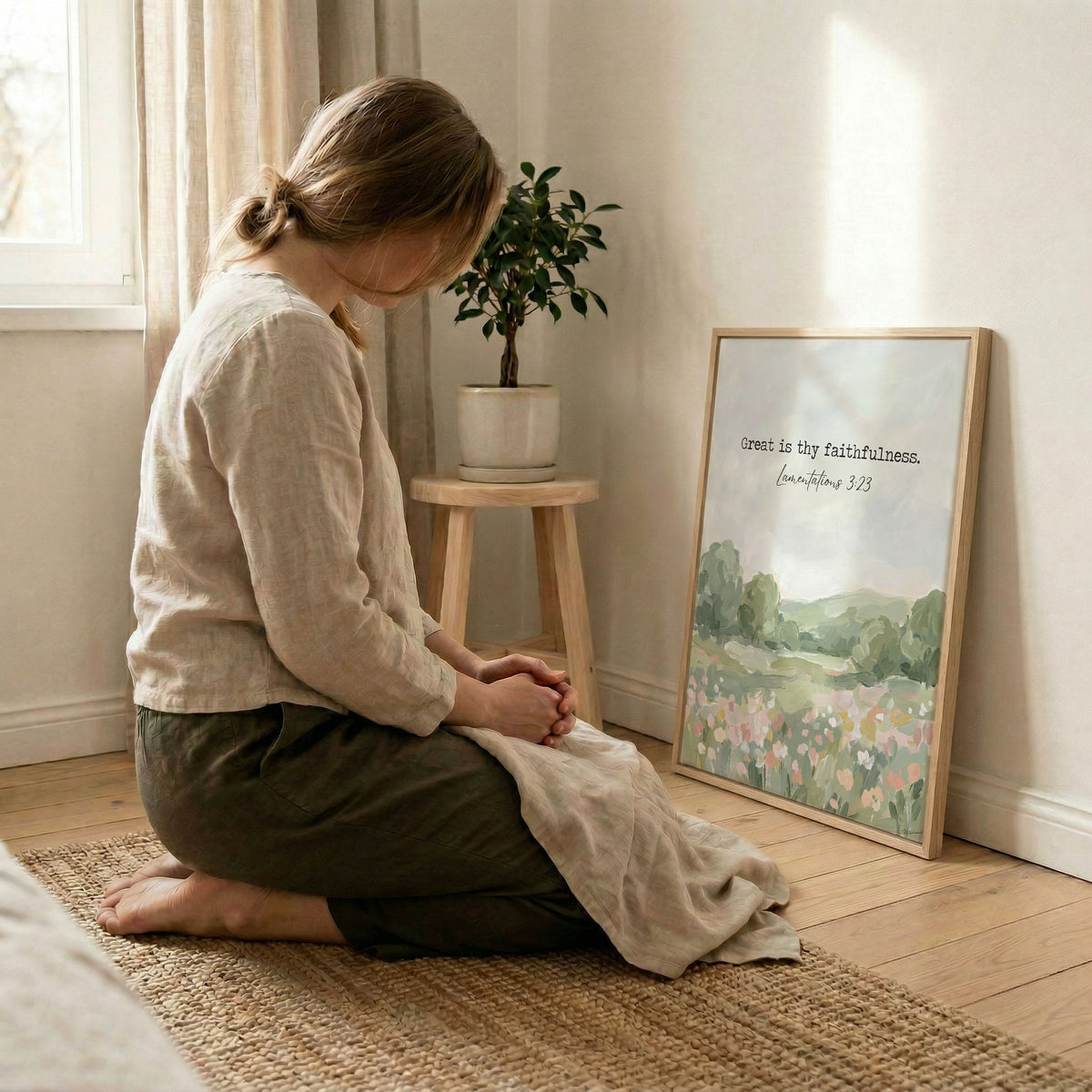 Woman kneeling in prayer beside Lamentations 3:23 scripture art in wood frame with soft light