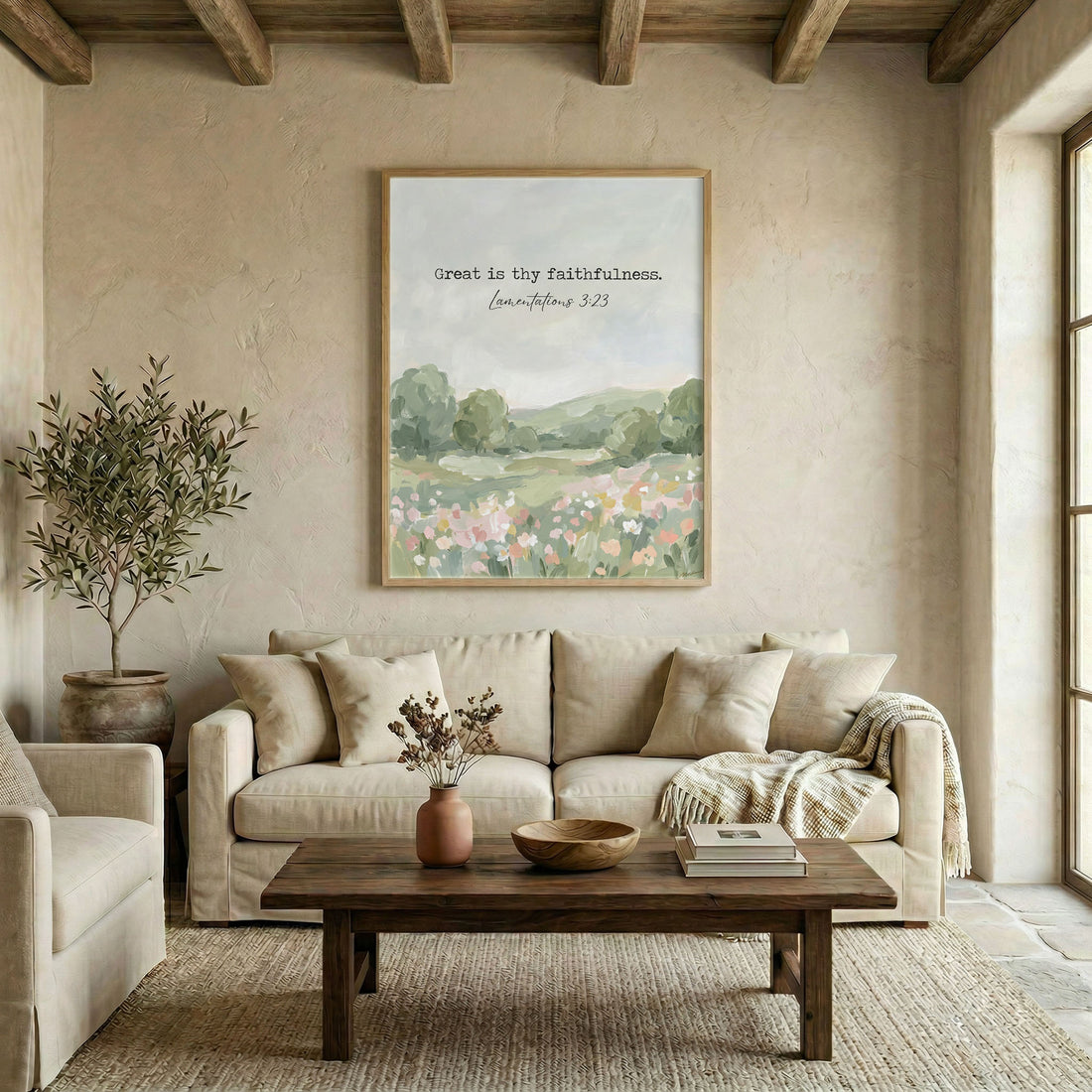 Canvas in natural wood floating frame with Great Is Thy Faithfulness verse and green meadow