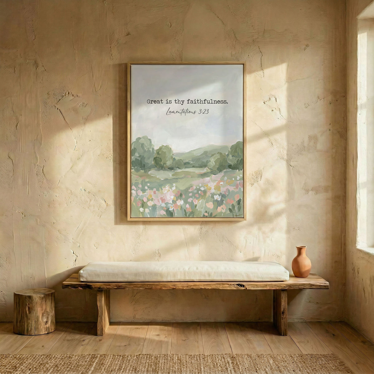 Bible verse oil painting canvas in wood frame above rustic wooden bench in sunlit entryway