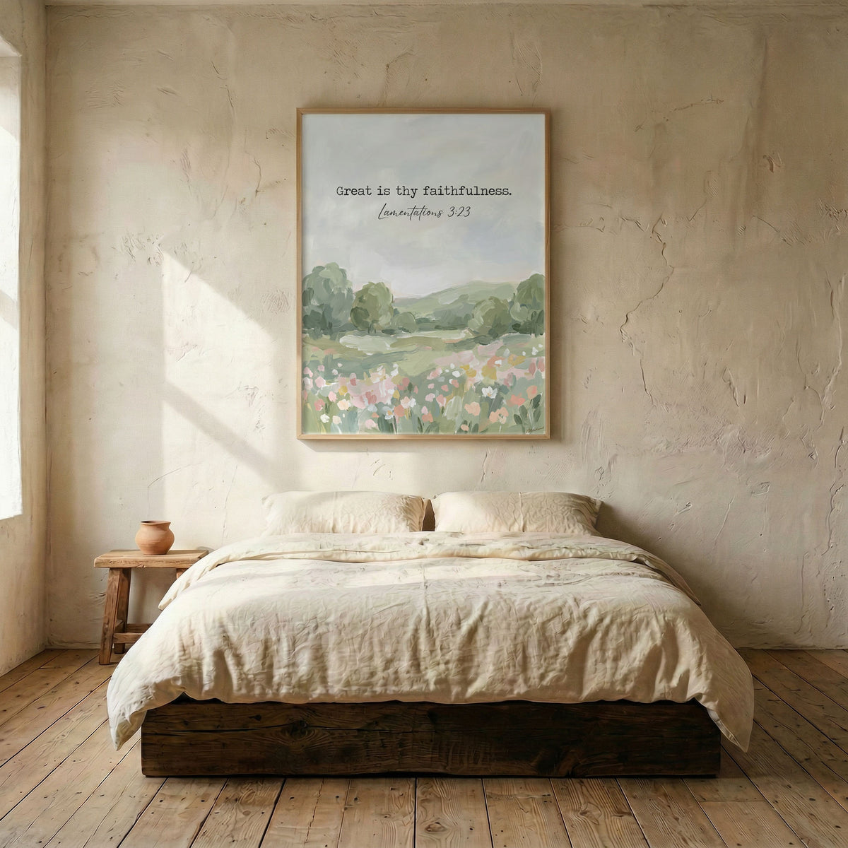 Scripture meadow landscape canvas in wood frame mounted above platform bed in serene bedroom