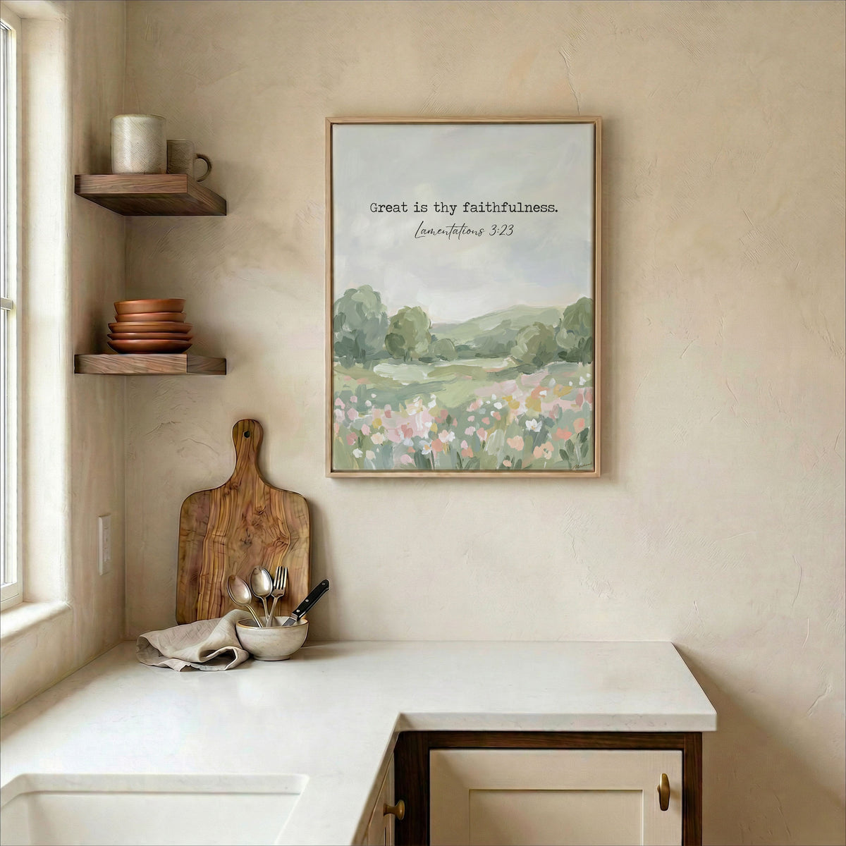 Soft green meadow canvas in wood frame on kitchen wall in warm neutral farmhouse interior