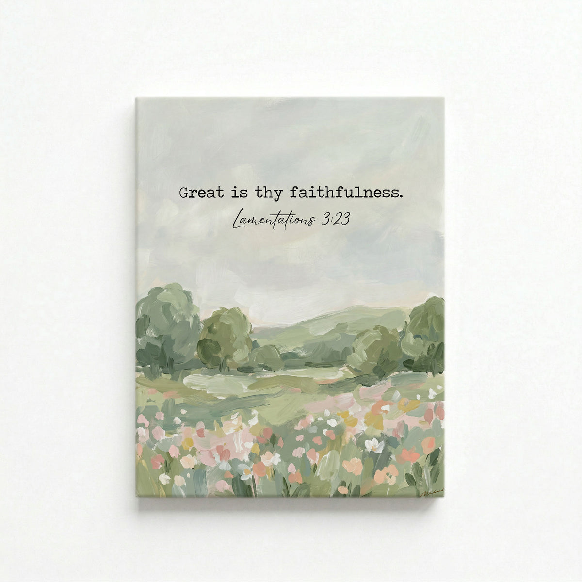 Vertical canvas of Lamentations 3:23 green landscape scene on a white background