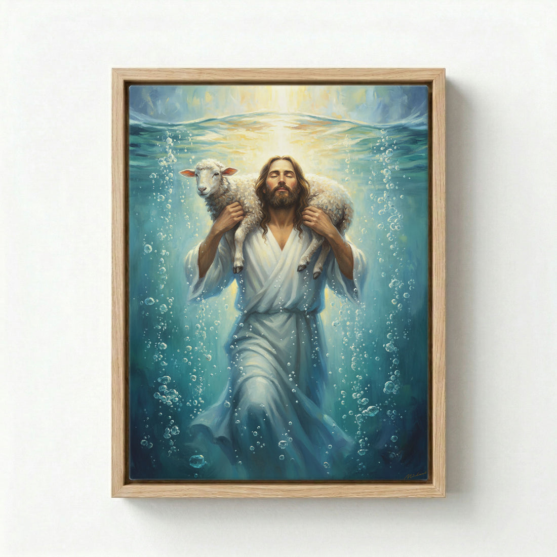 Black framed canvas of Jesus carrying a lamb underwater with divine light rays on a grey wall.
