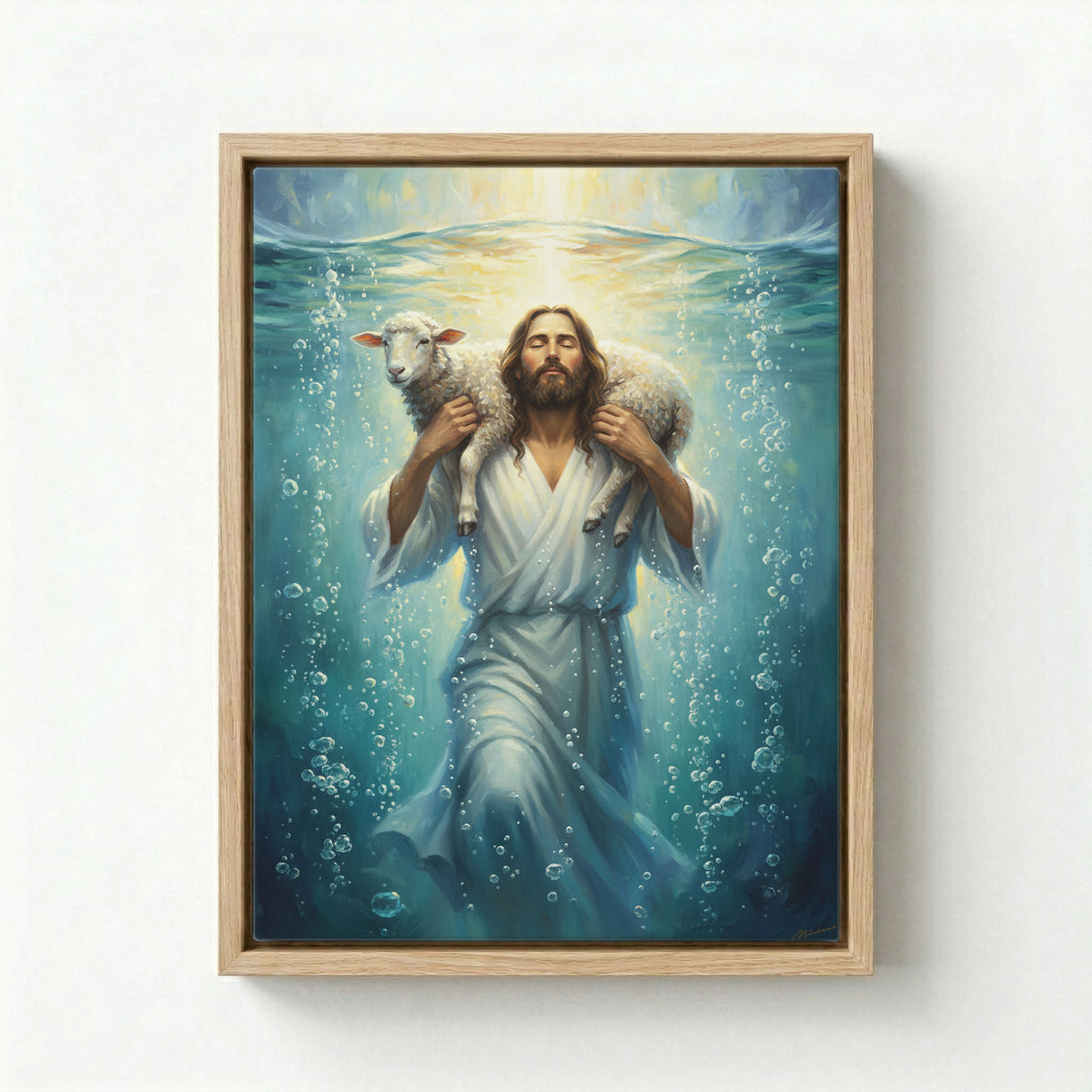 Black framed canvas of Jesus carrying a lamb underwater with divine light rays on a grey wall.