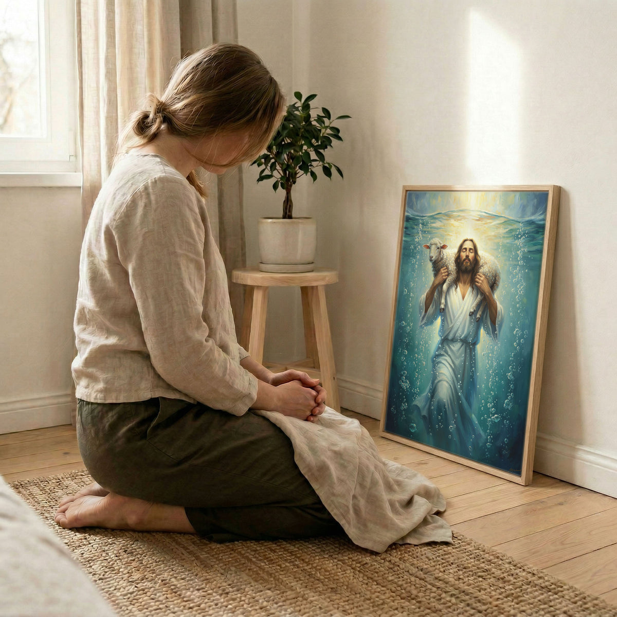Side view of the black framed Jesus underwater canvas art highlighting the high-quality profile.