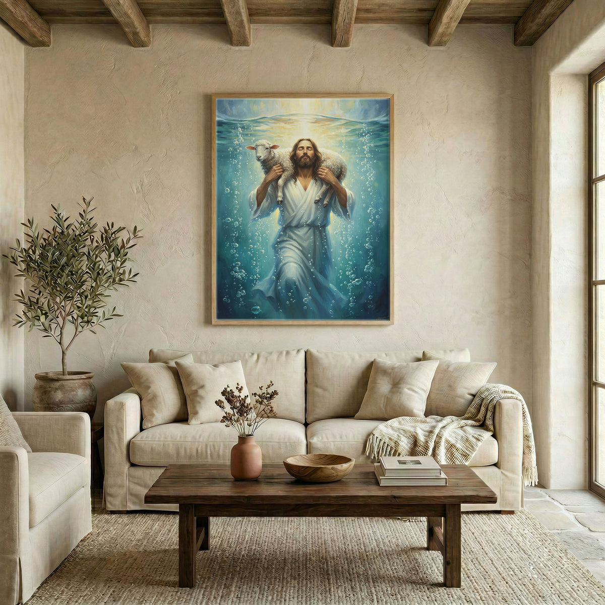 Modern living room with Jesus carrying lamb underwater art hanging above a white sofa and rug.