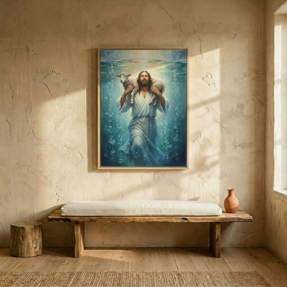 Bright hallway decorated with a large Jesus carrying lamb Christian print in a modern black frame.