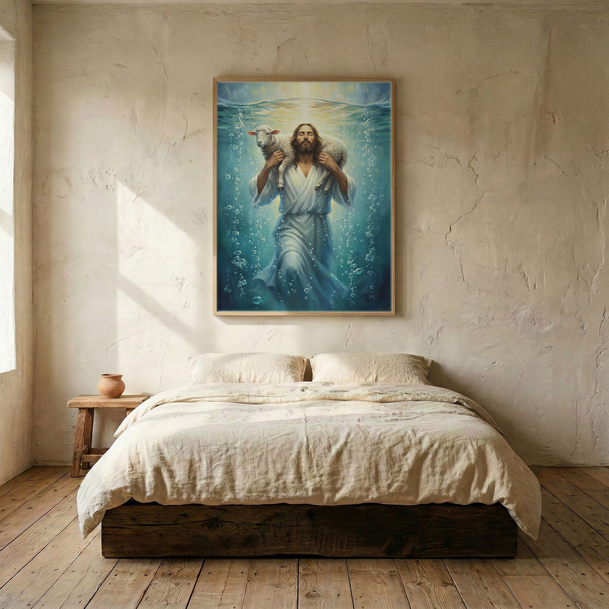 Serene bedroom featuring Jesus carrying lamb religious wall art above a bed with white linens.
