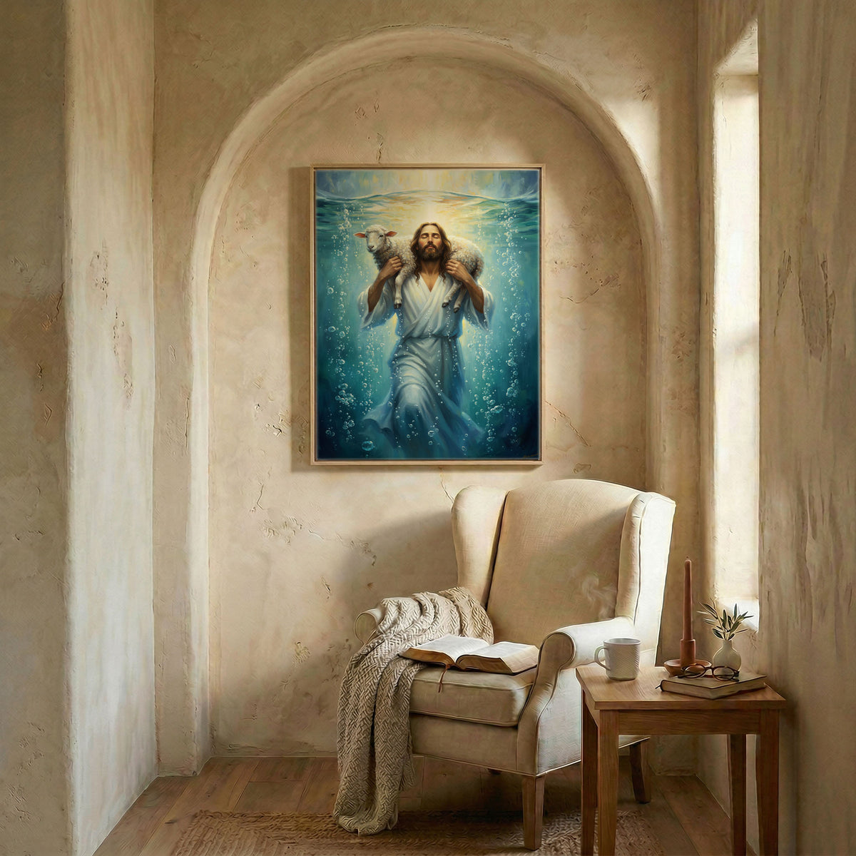 Peaceful reading nook featuring the Jesus underwater oil painting creating a prayerful atmosphere.