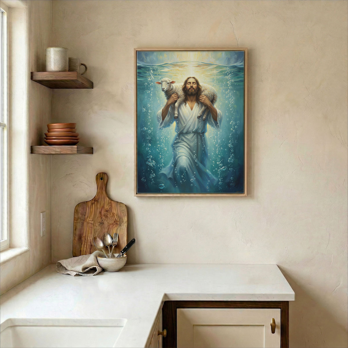 Contemporary dining area with Jesus carrying lamb underwater art serving as a spiritual focal point.