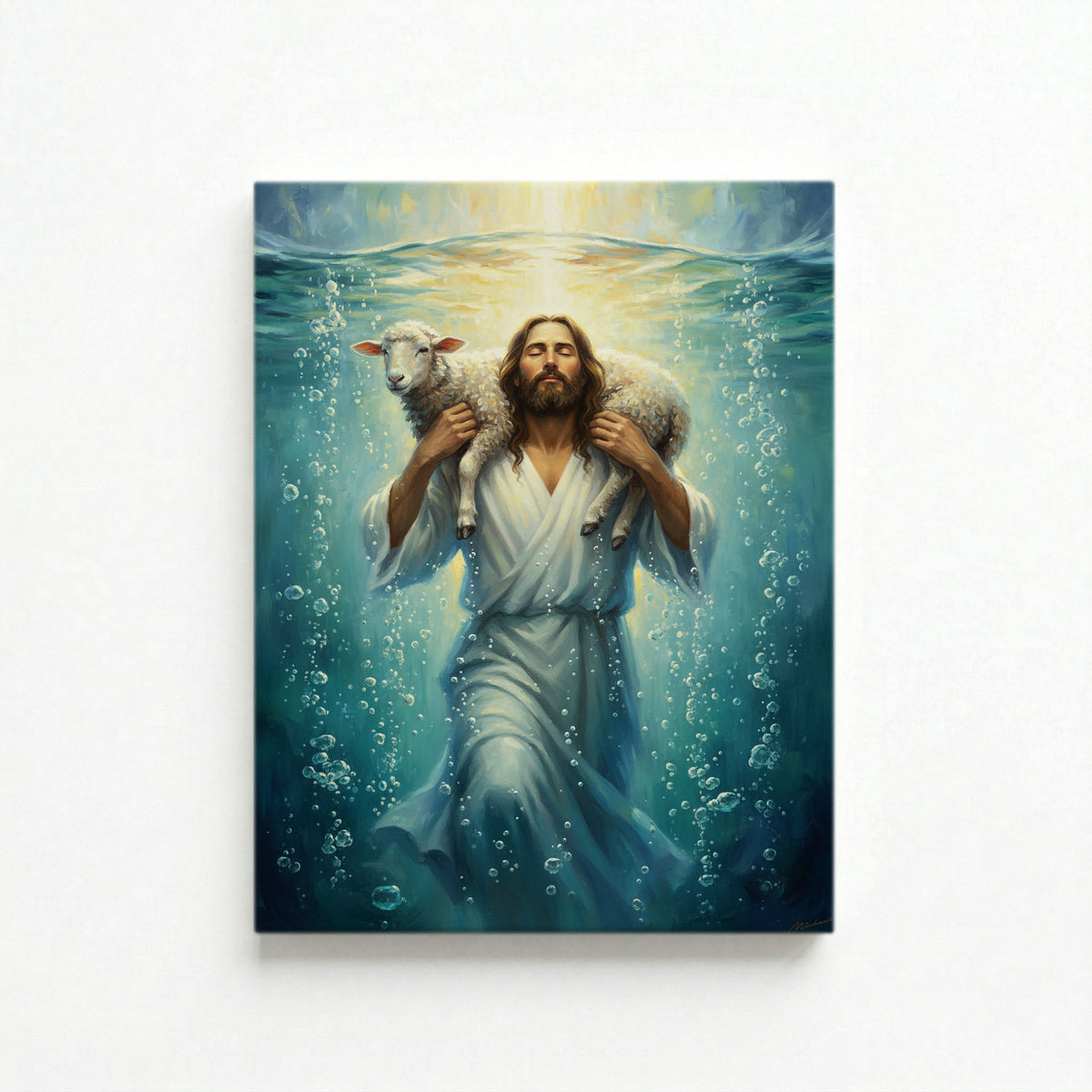 Vertical view of Jesus carrying a lamb underwater canvas print highlighting the deep blue tones.