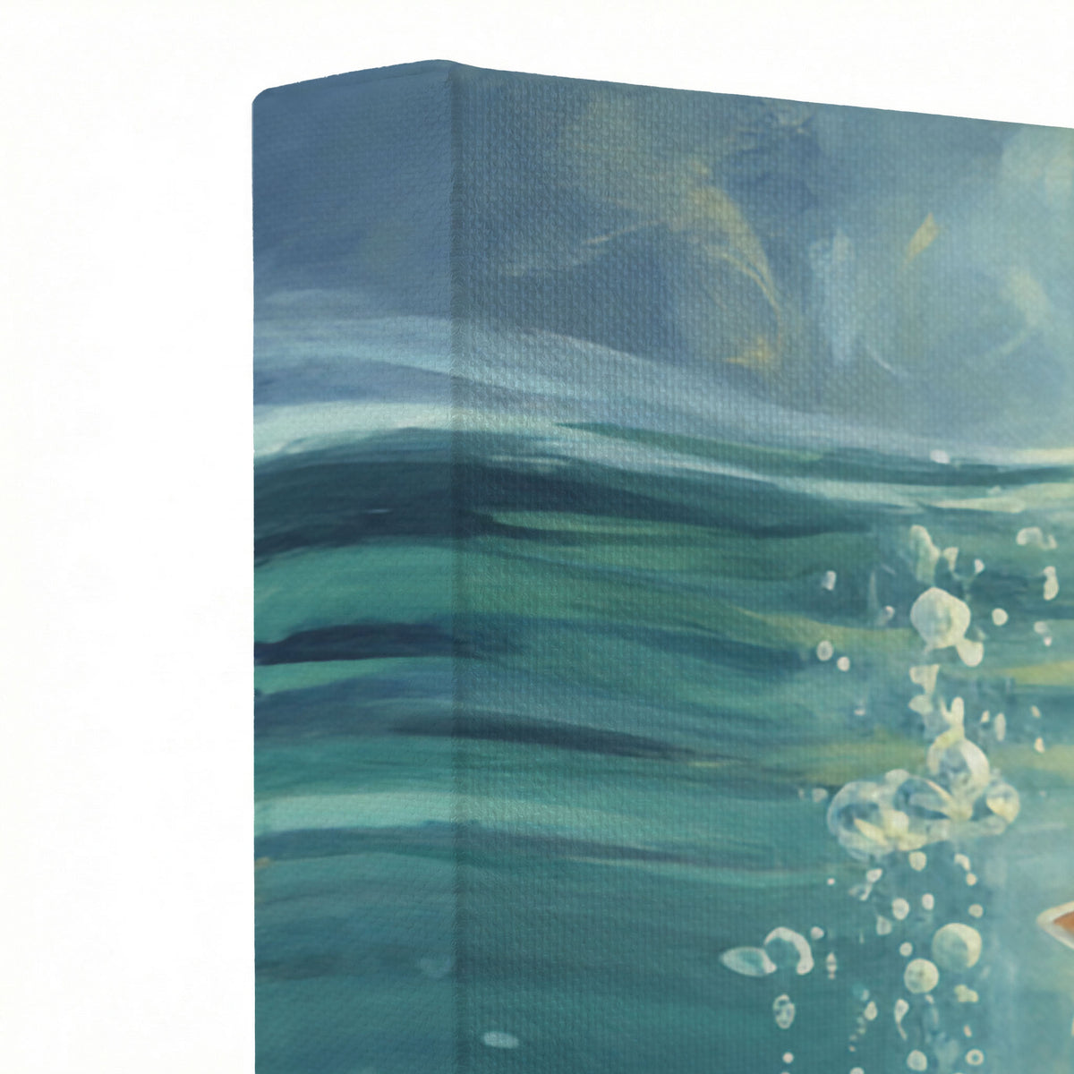 Close-up of the oil painting texture on the Jesus underwater canvas showing bubbles and light rays.