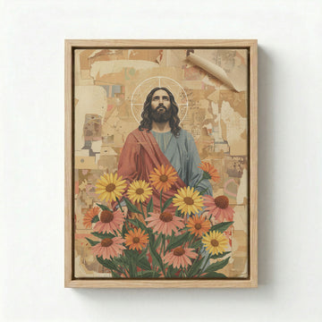 Vintage collage style Jesus Christ with sunflowers canvas art in a black frame on a grey wall.