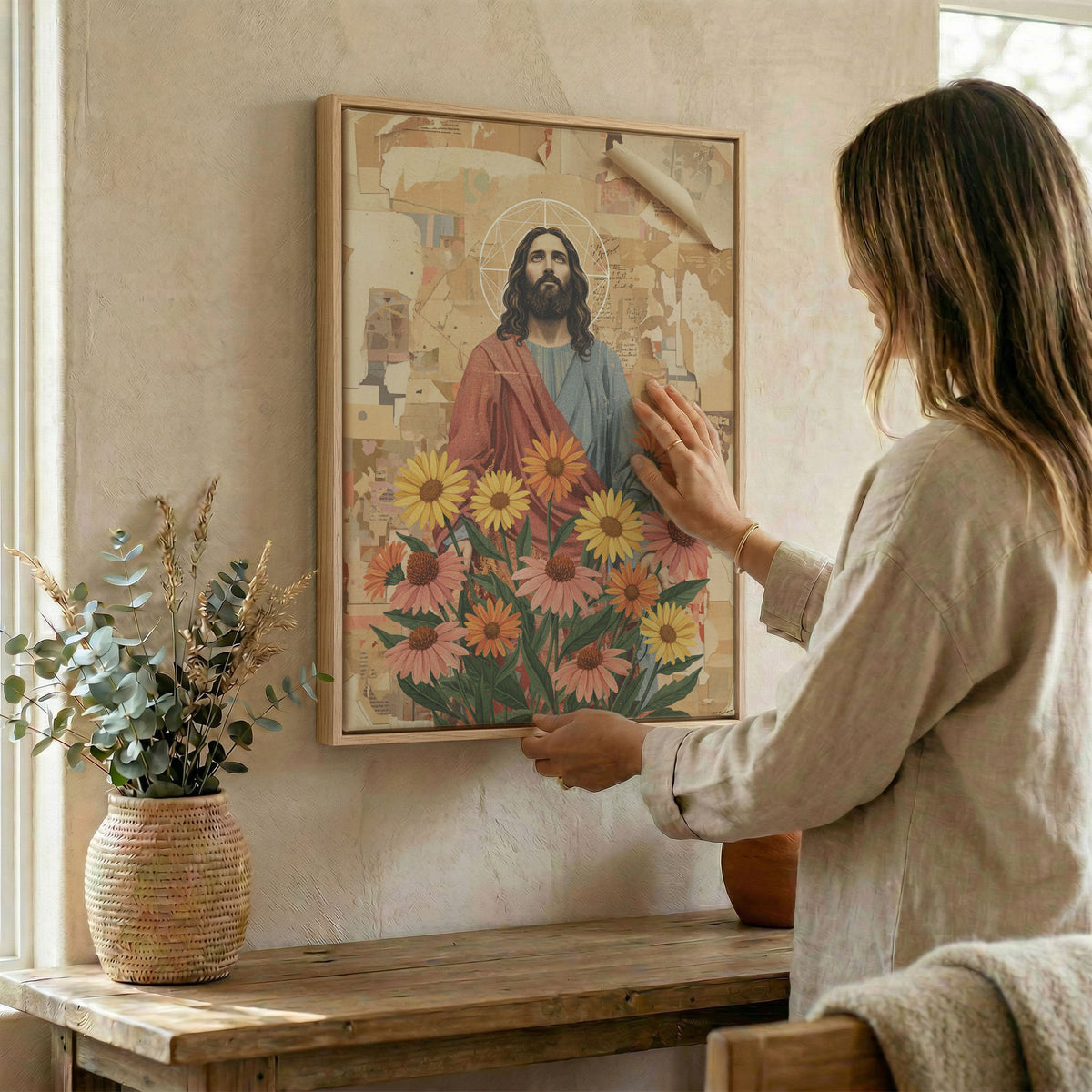 Home office workspace with Jesus sunflower wall art leaning on a desk for daily faith inspiration.