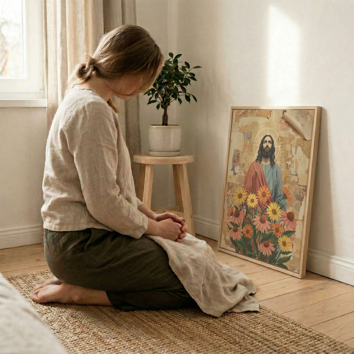 Side view of the black framed Jesus sunflower canvas showing the high-quality wood frame profile.