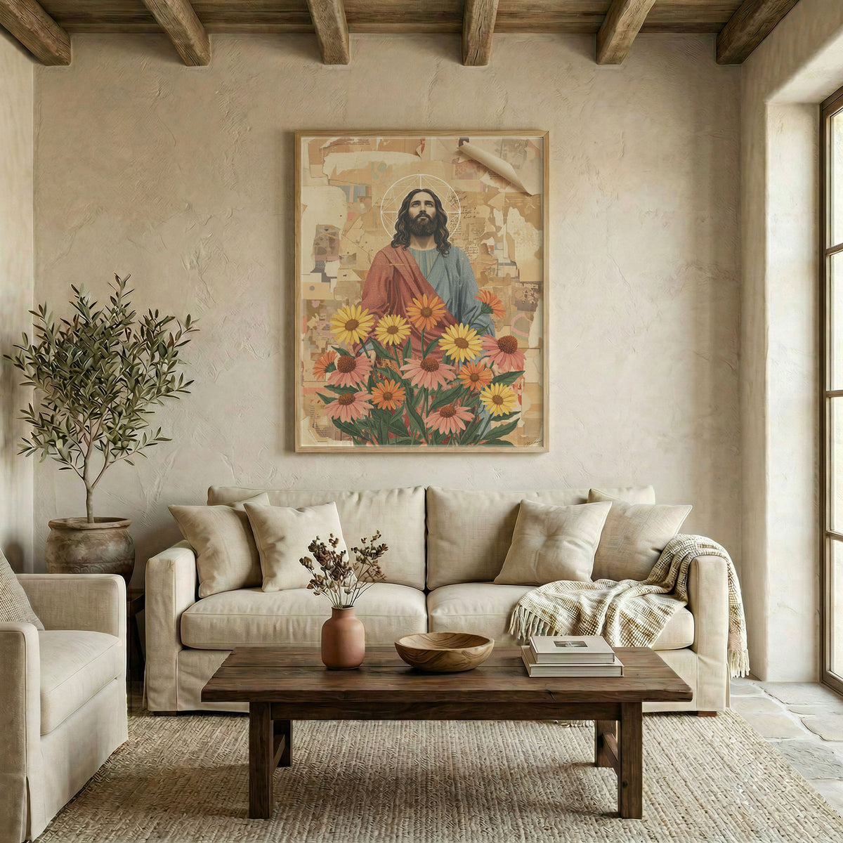 Boho living room featuring Jesus sunflower wall art above a white sofa with yellow and grey pillows.