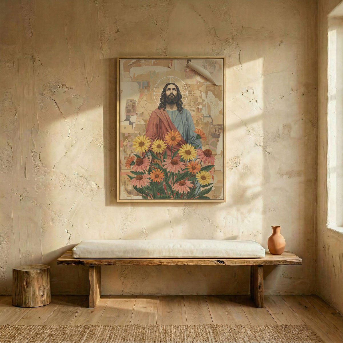 Bright hallway decorated with a large Jesus with sunflowers Christian print in a modern black frame.