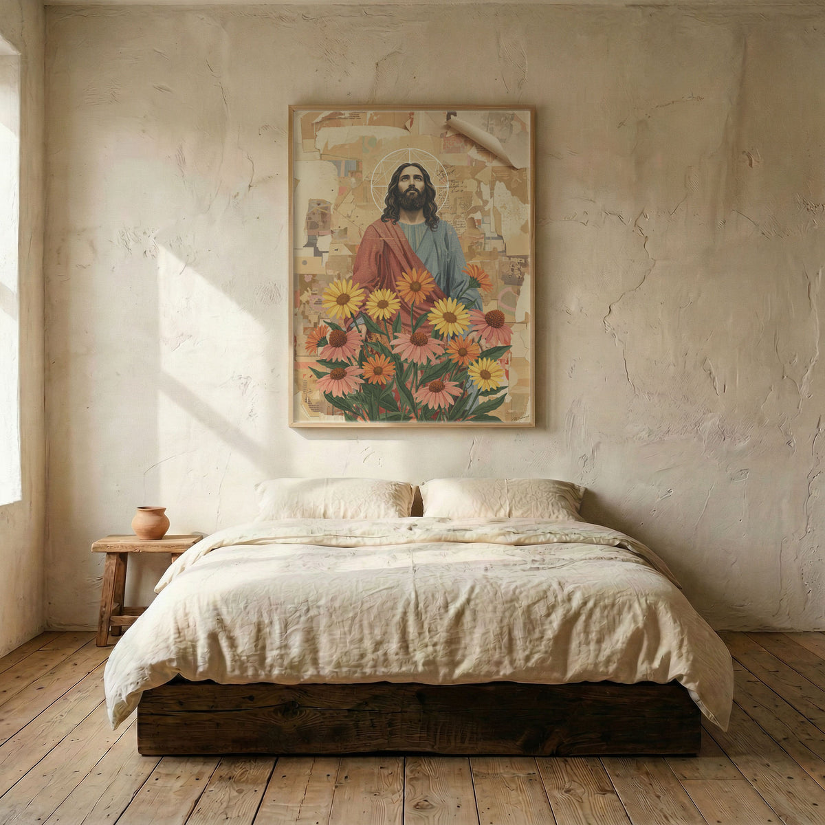 Serene bedroom decor with Jesus and sunflowers boho wall art hanging above a bed with white linens.