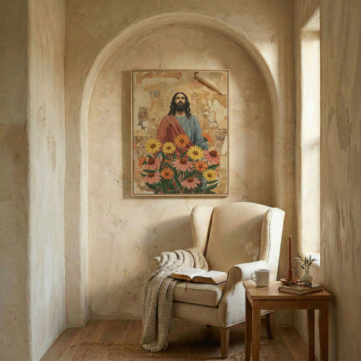 Cozy reading corner with Jesus and sunflowers vintage art creating a peaceful and retro atmosphere.
