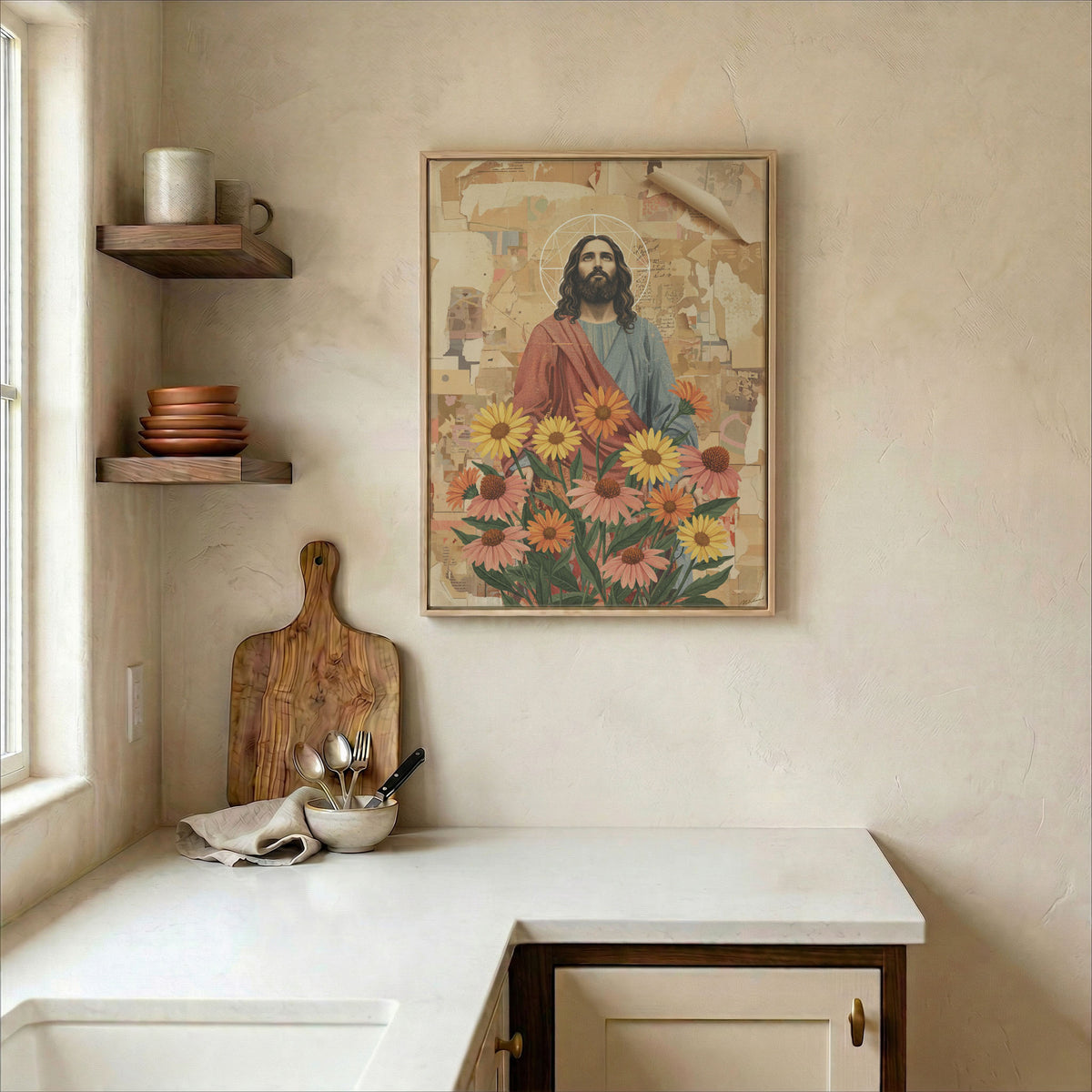 Contemporary dining area featuring Jesus sunflower boho art as a warm and spiritual focal point.