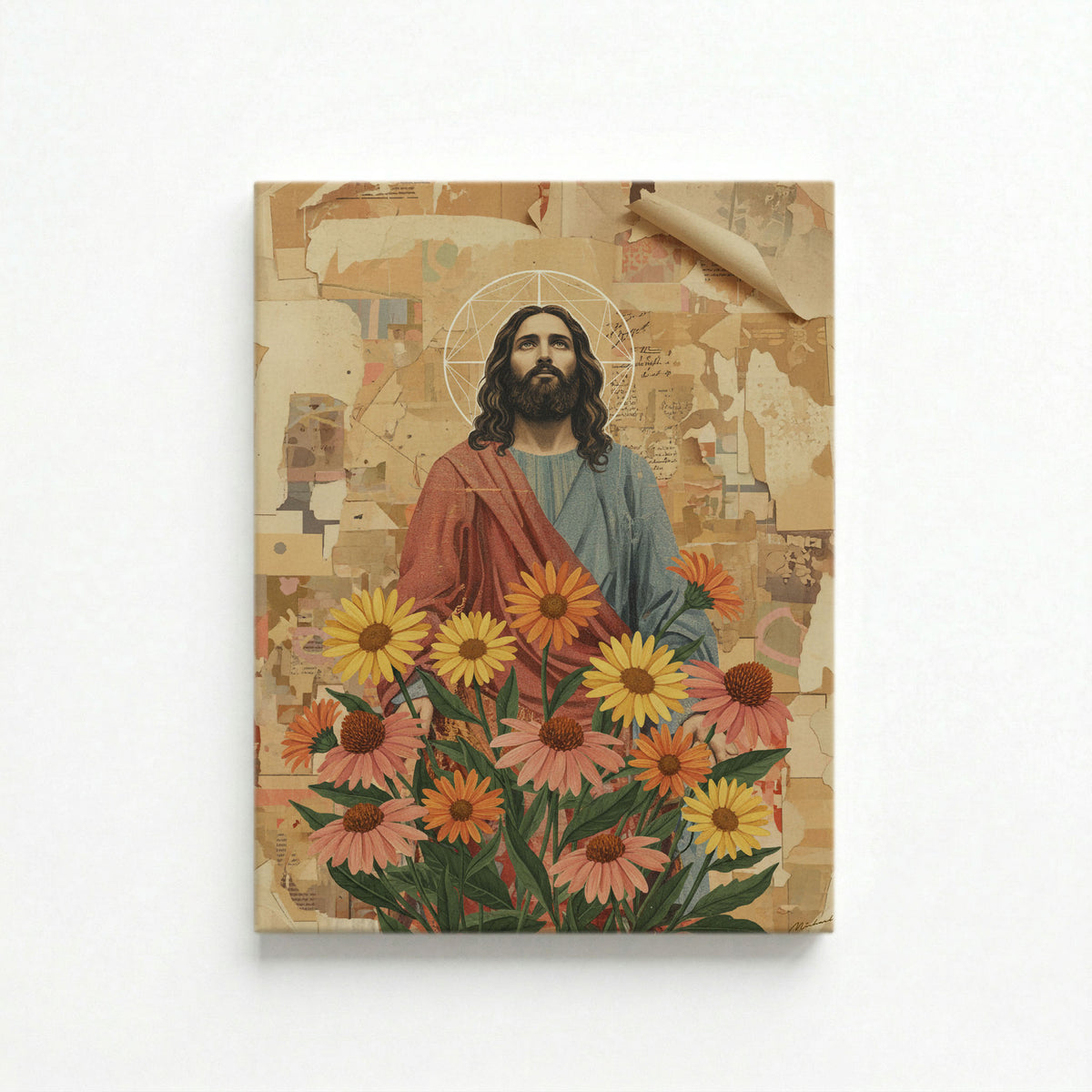 Vertical view of the Jesus with sunflowers canvas print highlighting the retro aesthetic and colors.