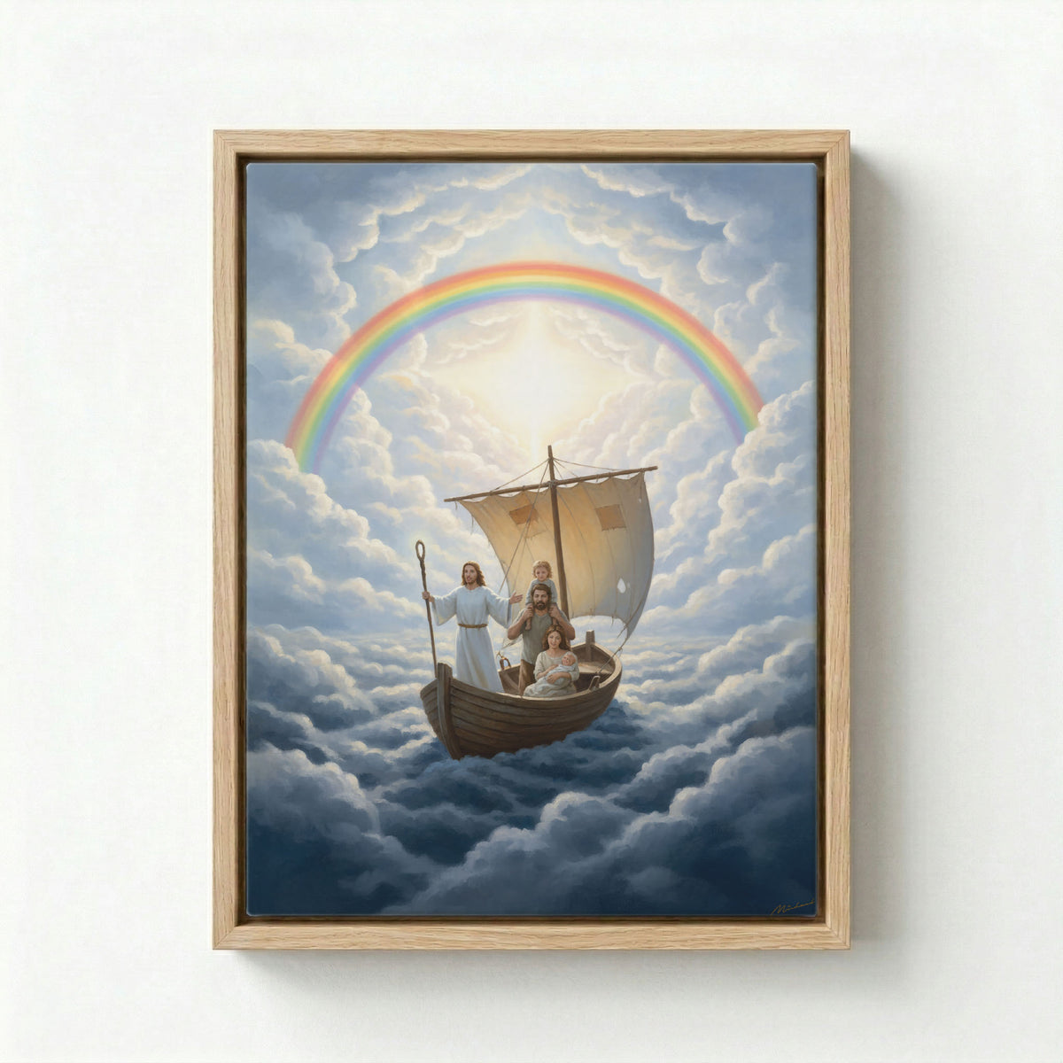 Jesus guiding a family in a boat through rainbow clouds on a museum-quality canvas with a black frame.