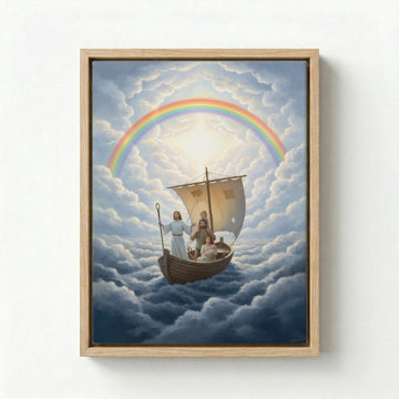 Jesus guiding a family in a boat through rainbow clouds on a museum-quality canvas with a black frame.