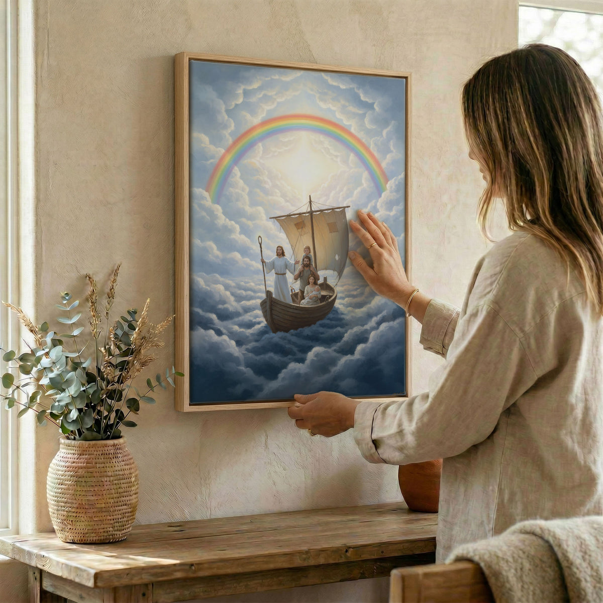 Detailed view of the family and Jesus in a wooden boat amidst ethereal clouds on a high-quality canvas.