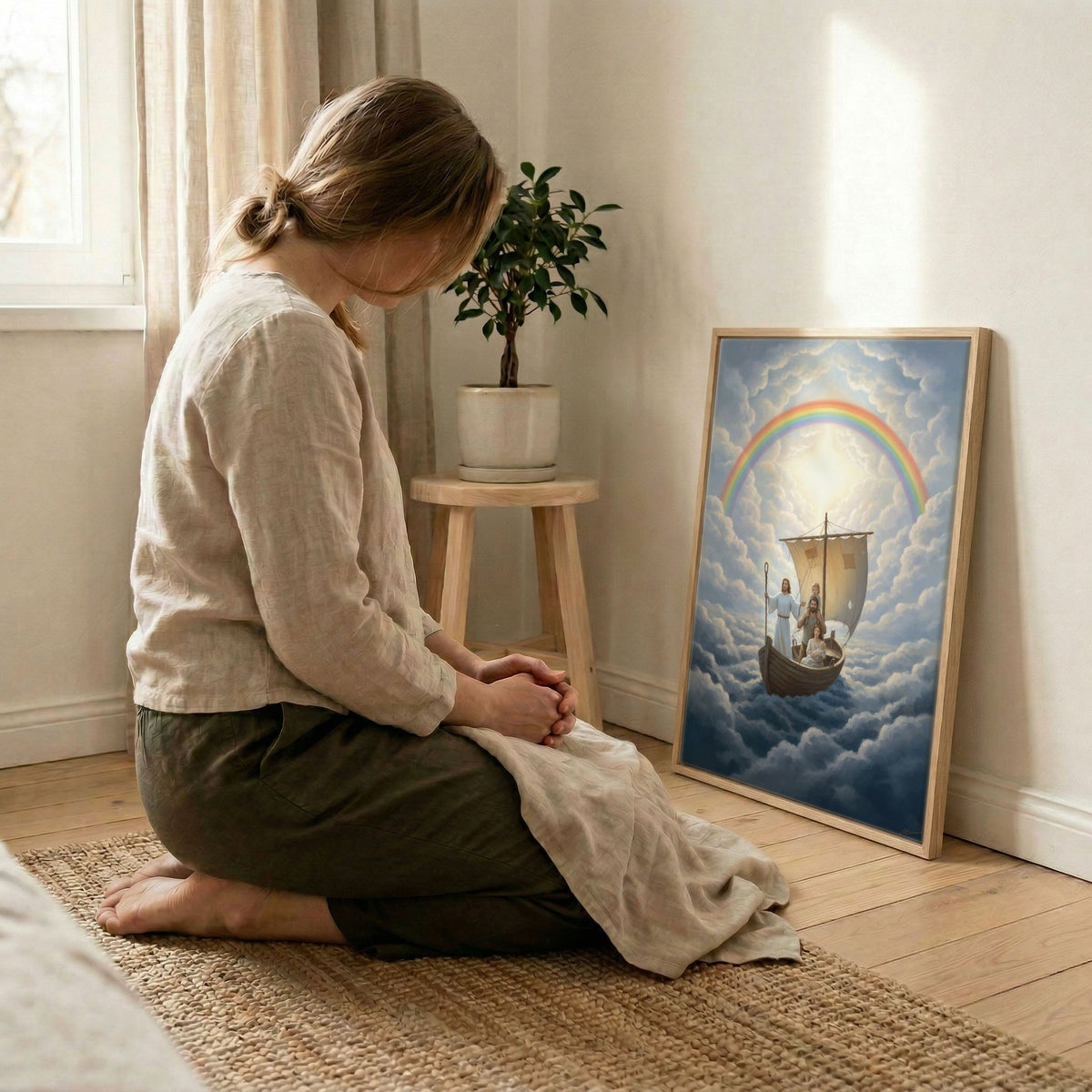 Side view of a thin black frame on the Jesus guiding family canvas art, displaying a professional finish.