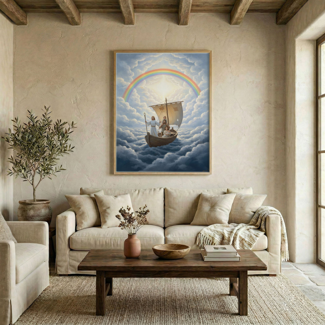 Jesus guiding a family in a boat through rainbow clouds on a museum-quality canvas with a black frame.