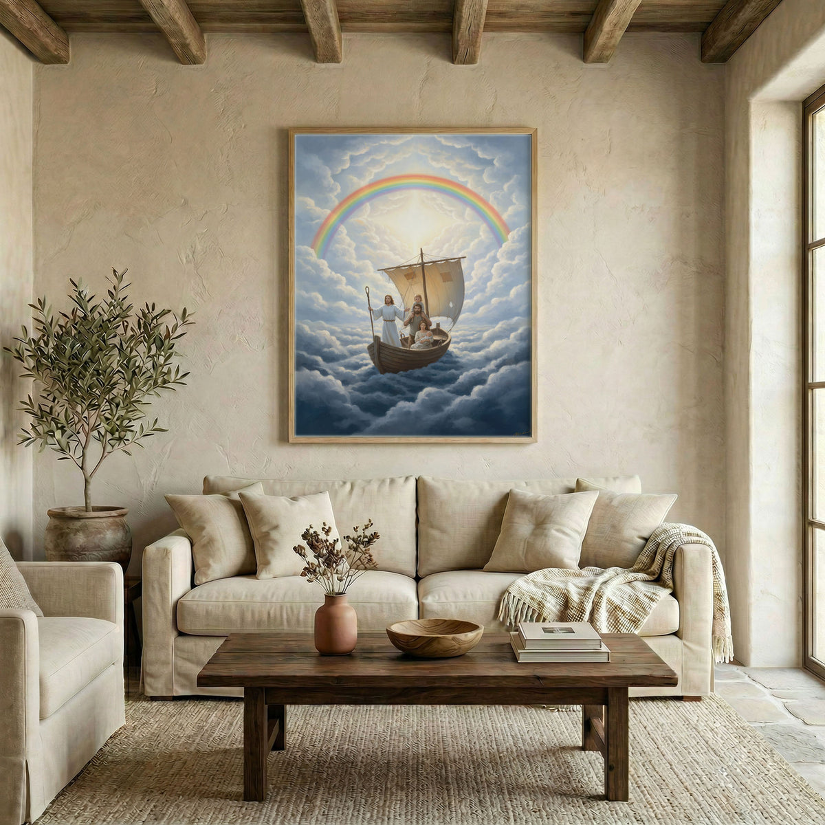 Modern living room with Jesus guiding family canvas wall art hanging above a white sofa with warm accents.