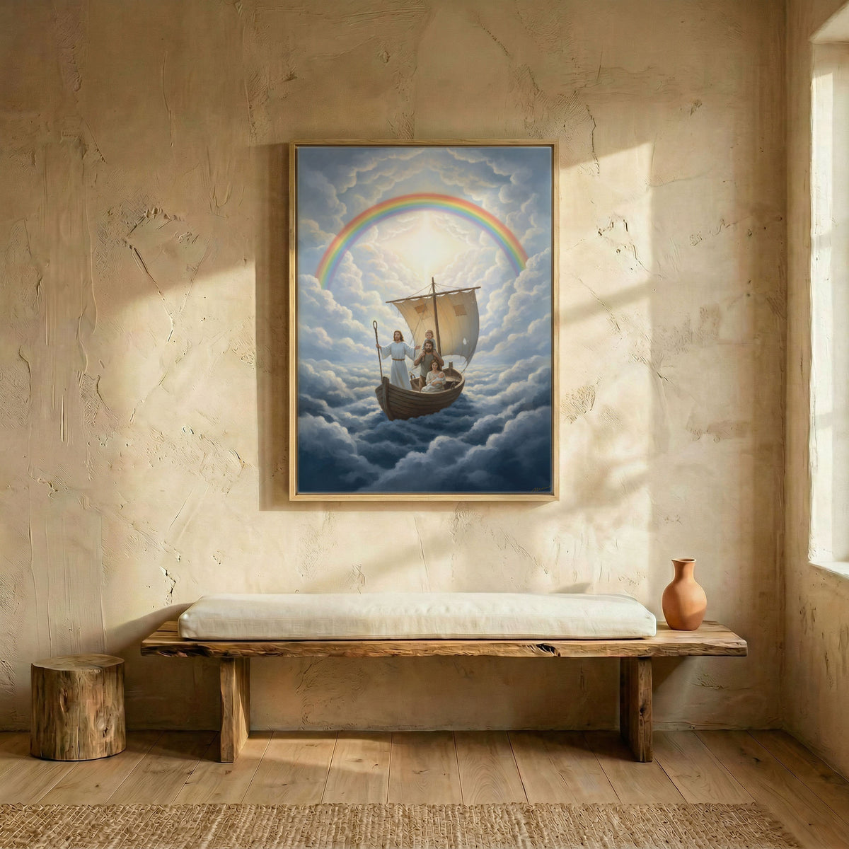 Bright hallway decorated with the Jesus guiding family Christian print in a frame on a neutral colored wall.