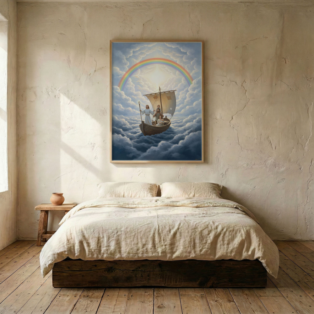 Faith-themed bedroom featuring Jesus guiding family religious art displayed above a bed with white linens.