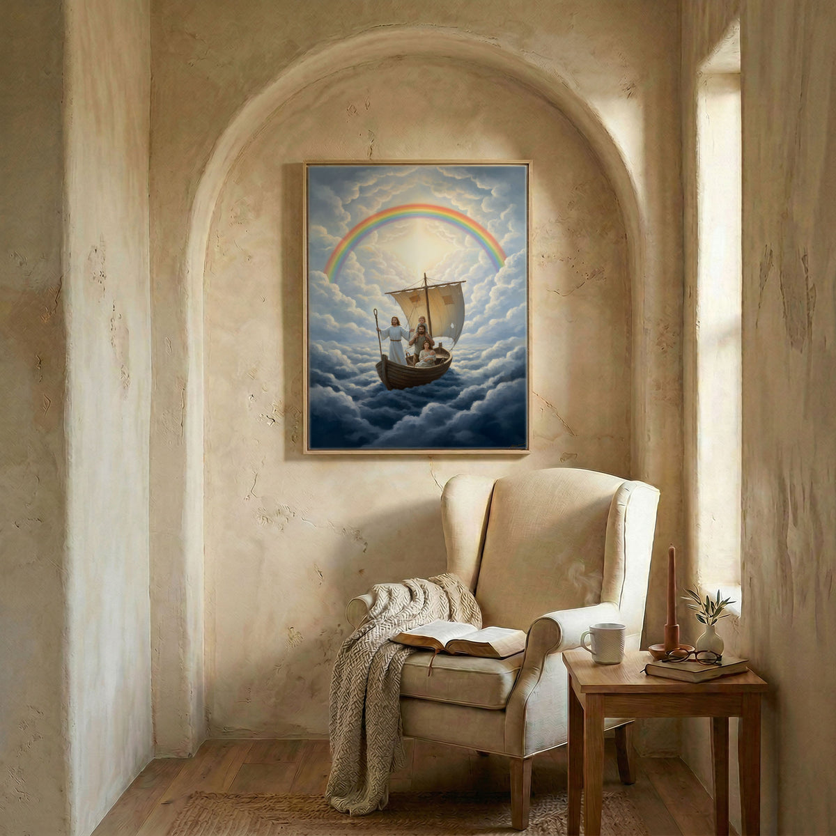 Serene reading nook featuring the Jesus guiding family wall art, creating a peaceful spiritual atmosphere.